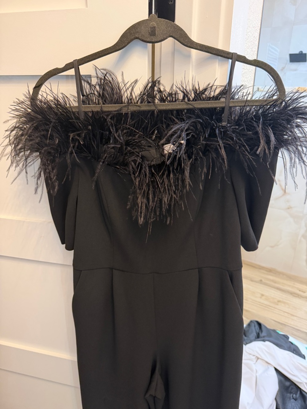 Calvin Klein Black Off-Shoulder Feather Trim Jumpsuit
